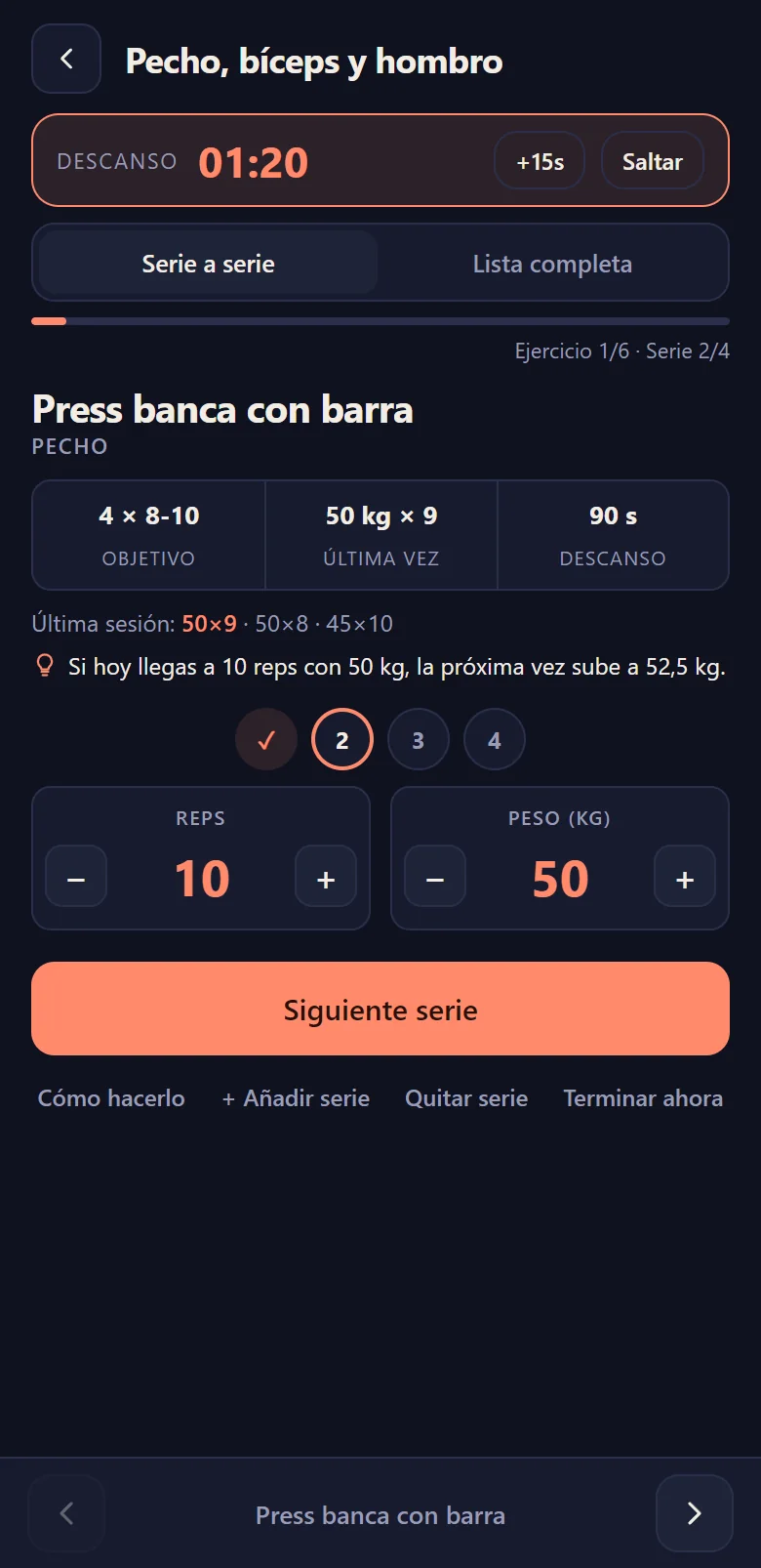 Entreno serie a serie con la última vez, la sugerencia de peso y el temporizador de descanso