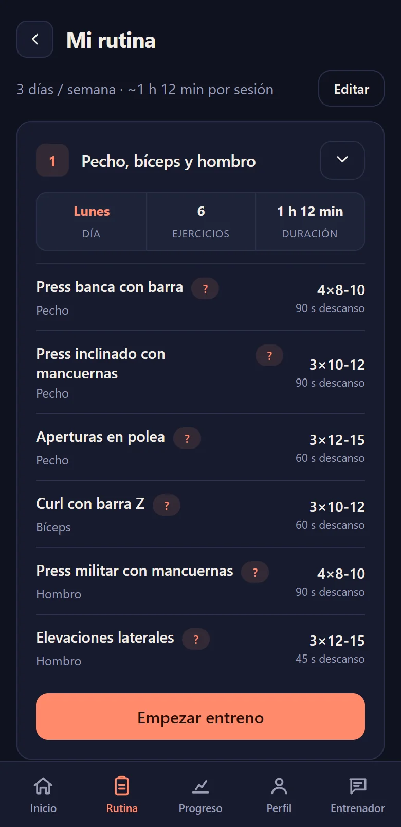 Mi rutina: sesiones asignadas a cada día de la semana, con ejercicios, series y descanso